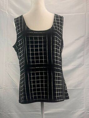 Cleo Black and White Grid Windowpane Plaid Sleeveless Tank Top - Size L 